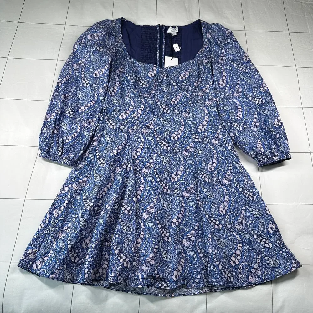 J. Crew Liberty Dress Women 2 Blue Sweetheart Long Sleeve Mini Bourton Bloom New